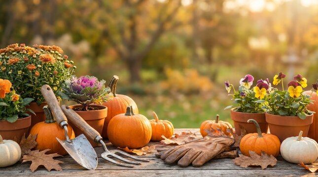Autumn harvest pumpkins and gardening tools on rustic wooden table with flowers