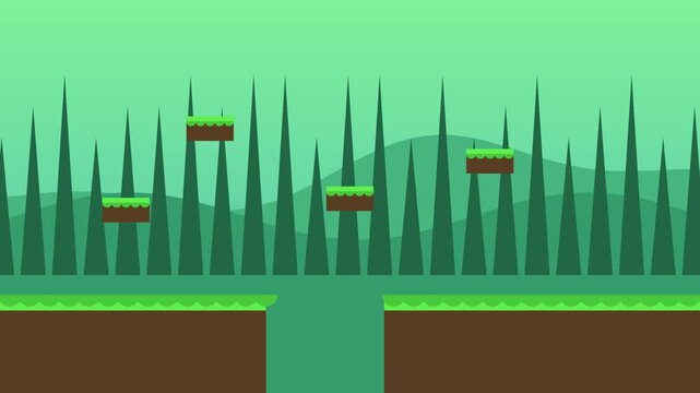 Minimalist 2D platformer game background loop with cartoon green forest and floating grass pads