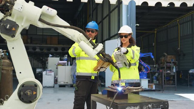 Industrial engineer inspecting a robotic arm machine in an automated manufacturing factory, robotics, automation, smart manufacturing, machine maintenance, quality control and Industry 4.0 technology.
