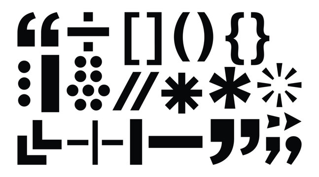 A collection of various black punctuation marks and mathematical symbols presented as a clean professional vector illustration design element