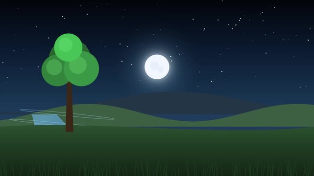 Night landscape animation with glowing full moon and lonely tree under starry sky in nature