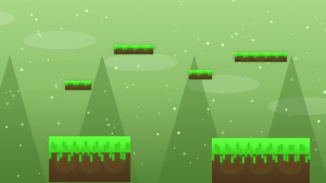 Pixel art platform game level background with floating green grassy blocks and falling light