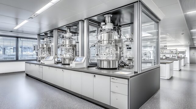 research laboratory with transparent reactors, illuminated equipment, polished metallic surfaces, organized workstations, atmospheric depth
