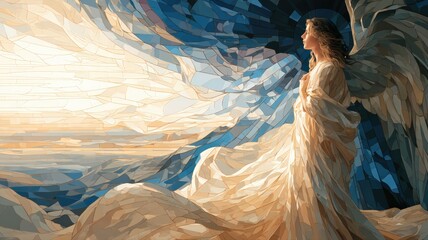 Fototapeta premium Stained Glass Angel Messenger Looking Toward Dawn, Contemporary Christian Memorial and Sympathy Art
