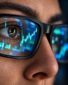 Close-up eye in glasses reflecting colorful candlestick charts and market data