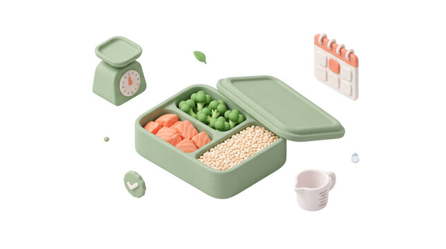 Healthy meal prep lunch box with salmon and broccoli, balanced nutrition food container, fitness diet planning with kitchen scale and calendar isolated PNG with Transparent Background
