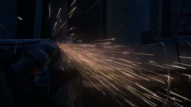 Man Cutting Metal with Angle Grinder, Sparks Flying in Workshop. Metalworking process in a workshop, suitable for construction, fabrication, welding, repair, engineering, and DIY projects.