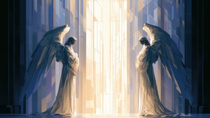 Fototapeta premium Two Serene Angels in Vigil Amid Luminous Stained Glass, Memorial Faith Illustration for Sympathy and Comfort