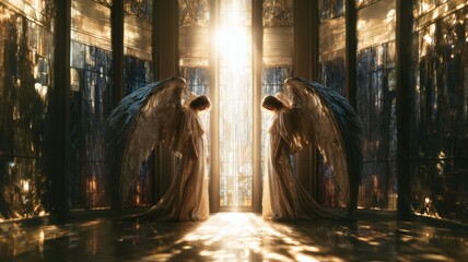 Obraz premium Two Serene Angels in Ivory Robes Standing in Vigil Before Luminous Stained Glass Light, Memorial Christian Comfort Scene
