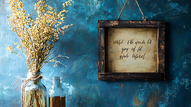A framed sign with a quote on it hangs above a vase of flowers