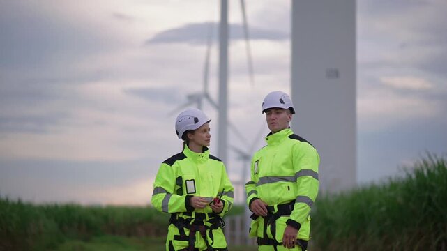 Engineers wearing safety helmets and jackets inspecting a wind turbine at wind farm at sunset. Concept renewable energy, sustainable technology wind power maintenance and environmental engineering.