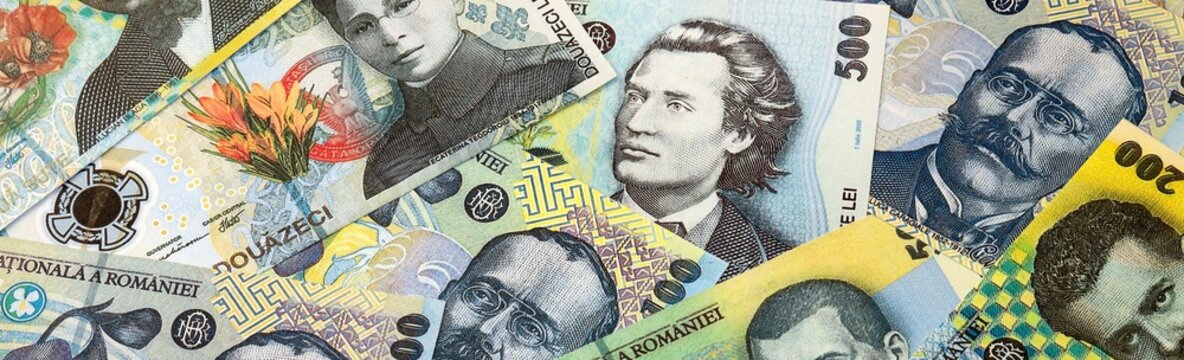 Romanian leu money bills in pile on table. Romania RON currency cash close up