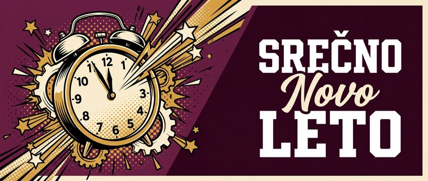 New year midnight countdown clock pop art retro vintage banner design with stars and halftone explosion for Srecno Novo Leto holiday celebration background greeting card template illustration