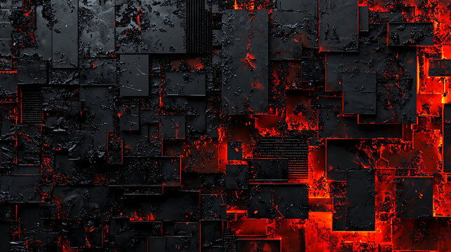 A black and red background with a lot of squares and a fire in the middle