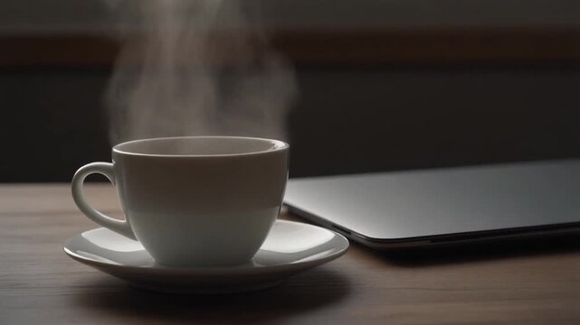 Coffee steaming beside a closed laptop