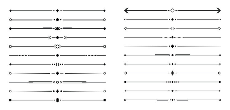 Minimal divider collection. Geometric horizontal line ornaments. Decorative center accent separators. Modern typography embellishment set.