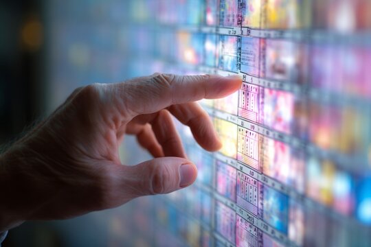 deterministic life planning concept. FOMO. Hand selecting digital images on a touchscreen display with colorful thumbnails in a modern setting
