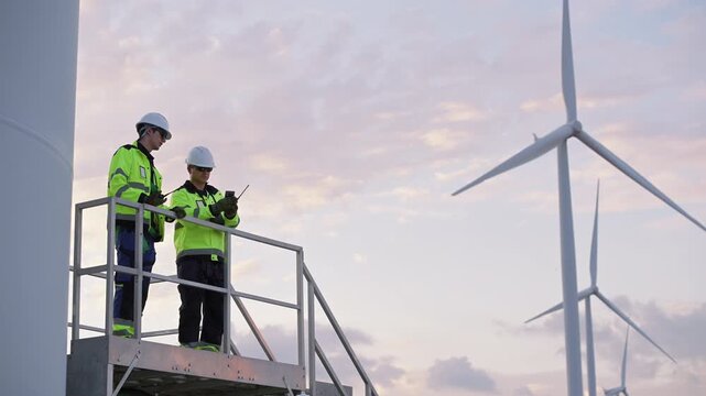 Engineers wearing safety helmets and jackets inspecting a wind turbine at wind farm at sunset. Concept renewable energy, sustainable technology wind power maintenance and environmental engineering.