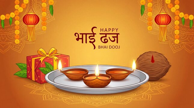 Happy bhai dooj greeting with traditional elements like diya, gift, and coconut