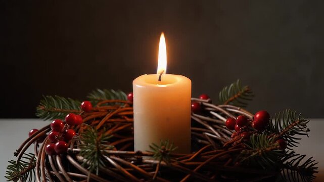 Advent candle burning on a wreath