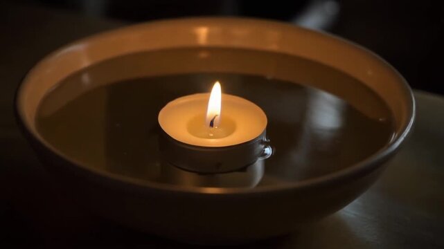 Tea light drifting in a bowl of water