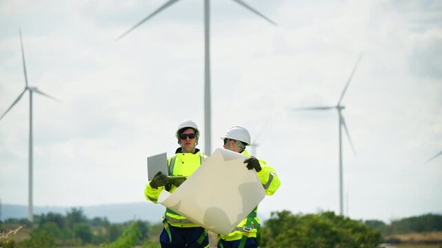Engineers wearing safety helmets and jackets inspecting a wind turbine at wind farm at sunset. Concept renewable energy, sustainable technology wind power maintenance and environmental engineering.
