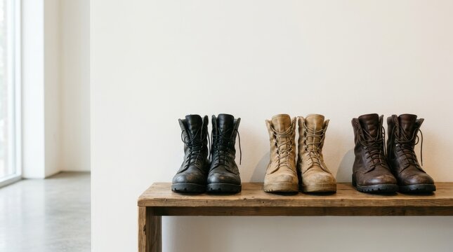 Three pairs of military combat boots on a wooden bench. Black, tan, and brown tactical footwear lined up against a white wall. Copy space for text