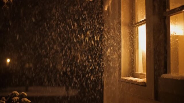 Snow falling past a lit window at night