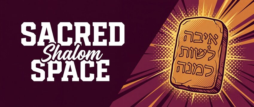 Hebrew stone tablet sacred shalom space graphic background with comic pop art light burst for Torah teaching religious banner symbolizing Jewish faith spirituality peace wisdom and biblical history