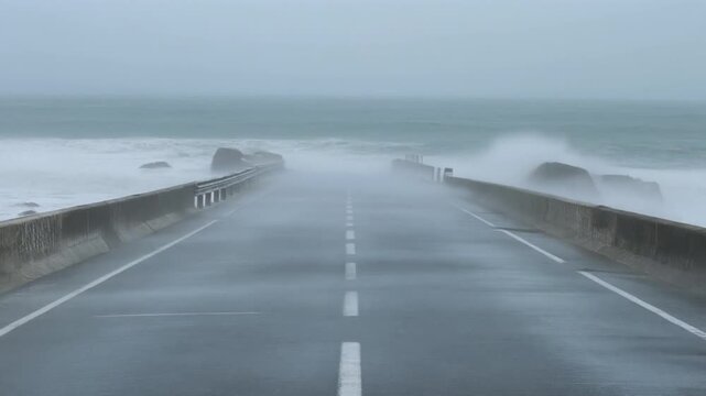 Rain sheeting across a coastal road