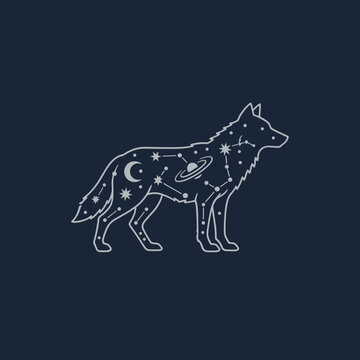 Ethereal outline illustration of a howling wolf filled with constellations, a crescent moon, and a ringed planet, set against a dark blue background.