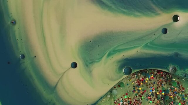 Glitter ink liquid. Oil paint splash. Defocused green blue color water bright sequins bubbles round texture floating on abstract acrylic art background.