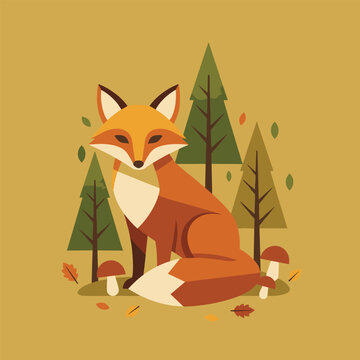 Stylized illustration of a cunning fox sitting gracefully amidst a colorful autumn forest, surrounded by pine trees, mushrooms, and fallen leaves.