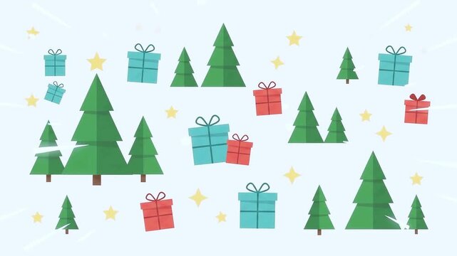 Colorful 2D flat animation of christmas trees and gift boxes appearing on white background with festive stars and holiday ornaments.