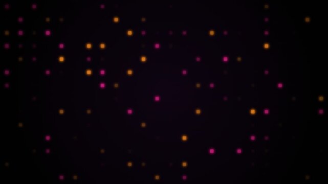 Abstract digital background with glowing orange and pink square pixels on dark surface