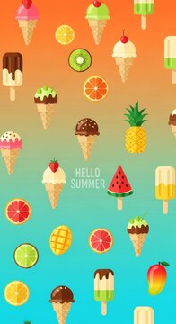 Seamless summer fruit and ice cream pattern with tropical icons and hello summer text for colorful wallpaper and print design