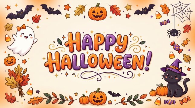Charming Premium Halloween Greeting Card with Cute Pumpkins, Black Cat, Friendly Ghost, Bats, and Playful Typography