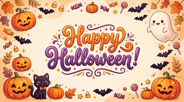 Charming Premium Halloween Greeting Card with Cute Pumpkins, Black Cat, Friendly Ghost, Bats, and Playful Typography