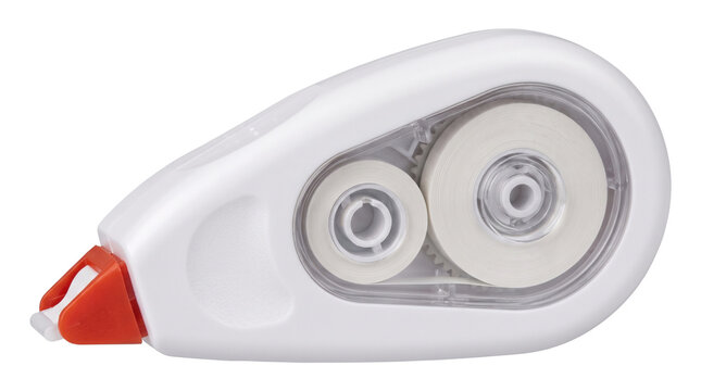 A white plastic correction tape dispenser with two rolls of white tape is displayed on transparent background office supply stationery writing utensil