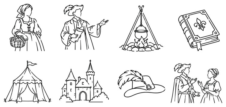 "Living History Performance". Minimalistic set one-line drawing [civilian reenactor, historical narrator, campfire scene, antique book, period tent, heritage building, costume hat, dramatic dialogue