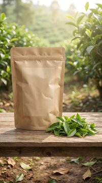 Kraft pouch packaging mockup stands beside fresh green tea leaves on a wooden table with plantation background.
