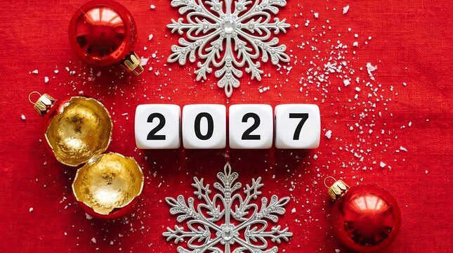 Festive new year composition with red ornaments silver snowflakes and 2027 number blocks on red fabric
