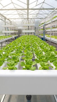 Lettuce plants grow in a modern hydroponic greenhouse system with white agricultural channels.