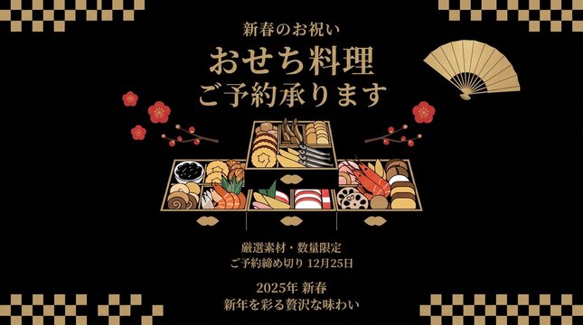 Luxurious black and gold osechi reservation banner with premium stacked food boxes in 2025.