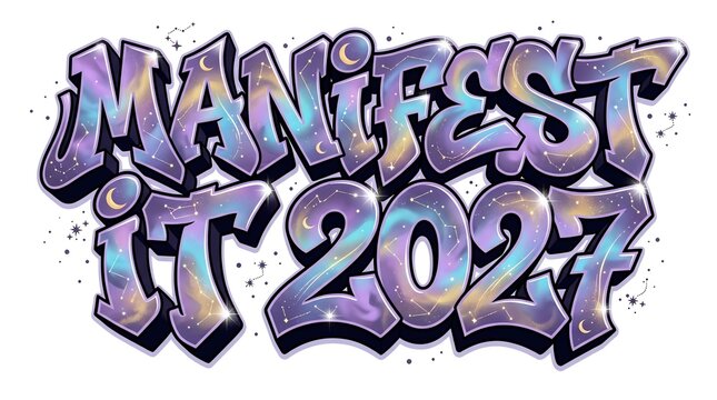 Manifest it 2027 lettering with cosmic nebula style