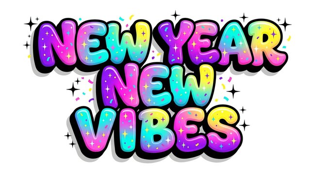 New year new vibes colorful bubble lettering isolated on white