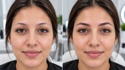 Fototapeta premium Before and after comparison of female face showing natural sparse eyebrows versus professional microblading.