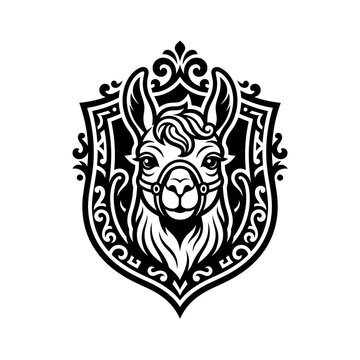 Detailed llama face in complex filigree emblem.