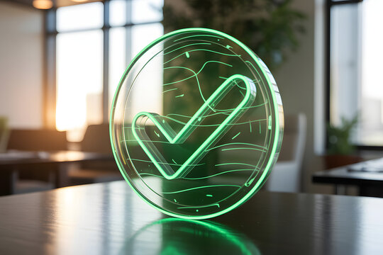 Green neon check mark on a table