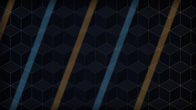 Abstract dark background featuring a geometric grid of isometric cubes with diagonal light beams in blue and gold